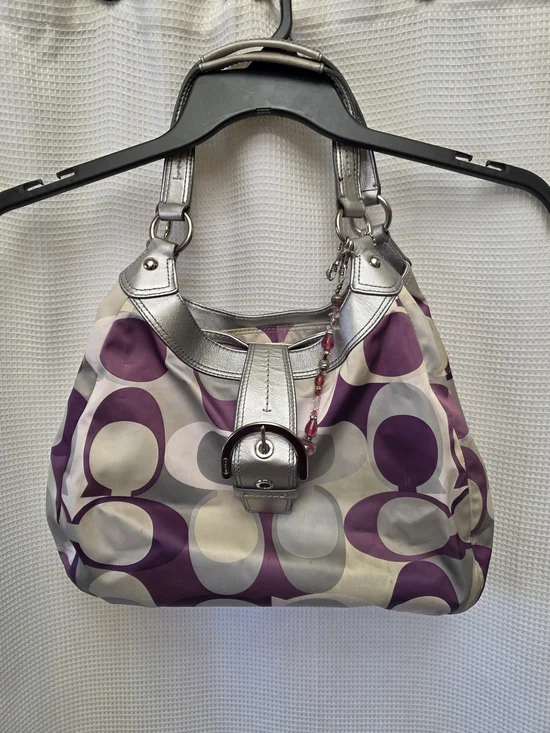 Coach Purple Signature Pattern Shoulder Bag with Silver Trim USED - Picture 1 of 12